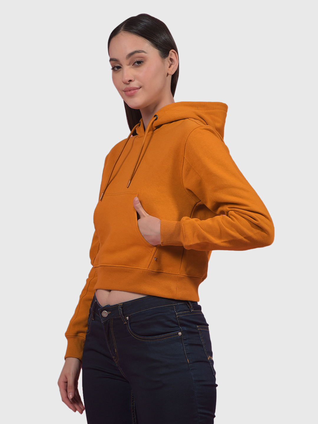Numero Uno Women Ochre Cropped Hooded Sweatshirt